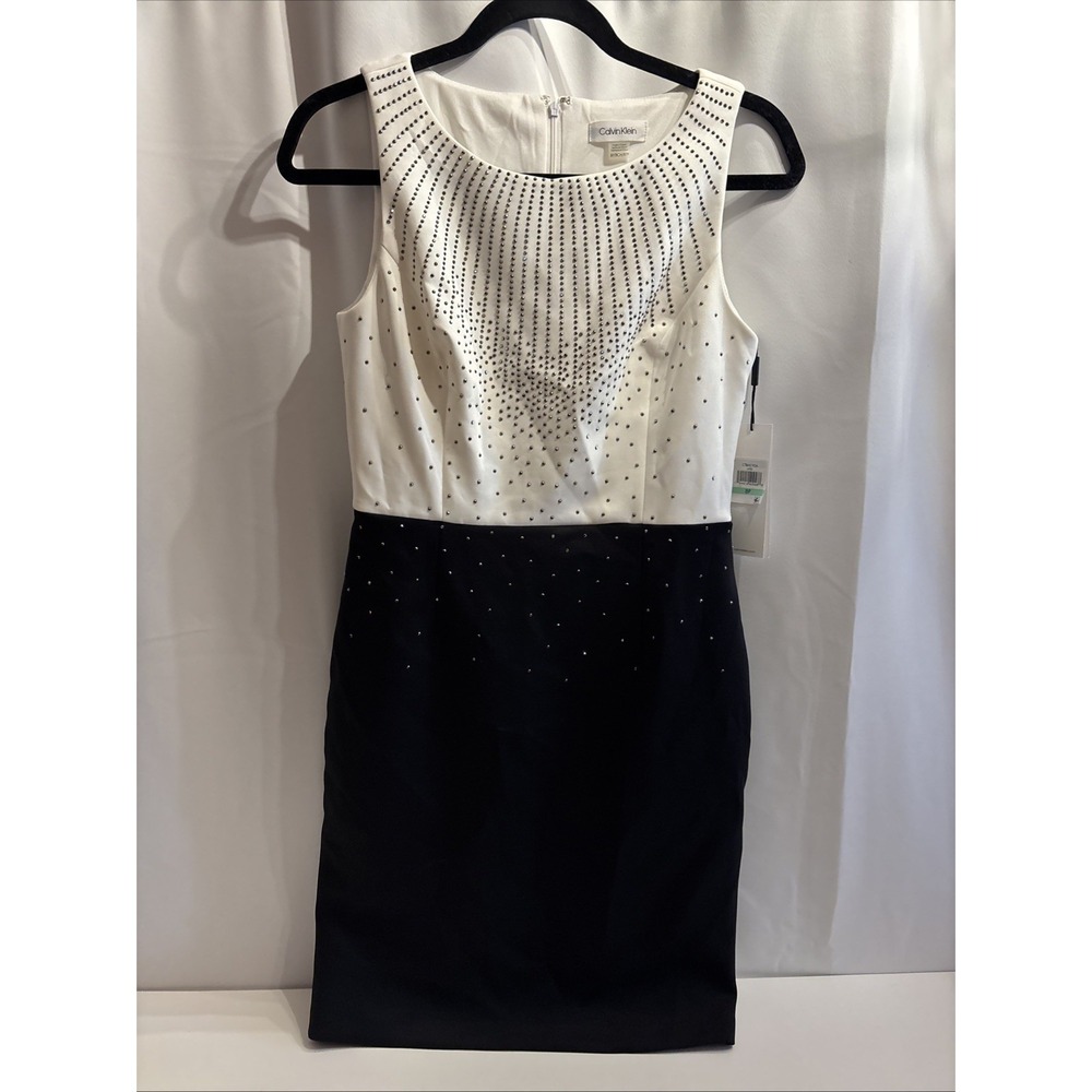 NEW Calvin Klein Black White Color Block Scuba Sheath Dress Women's 8P Embellish